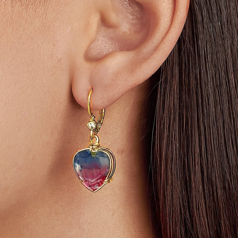 New!  Betsey Johnson Ombre Stone Heart Blue & Fuchsia Gold Tone Drop Earrings